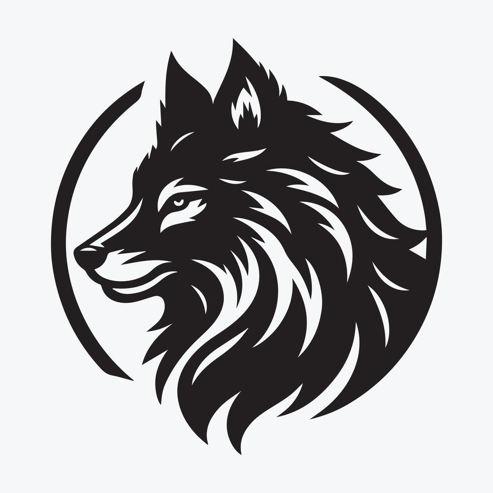 A stylized, black and white graphic of a wolf's head. vector