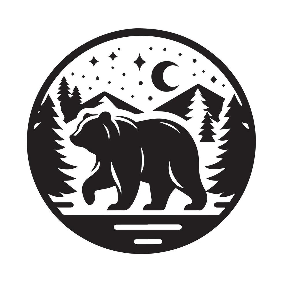 black silhouette of a bear profile gazes at a night scene. vector