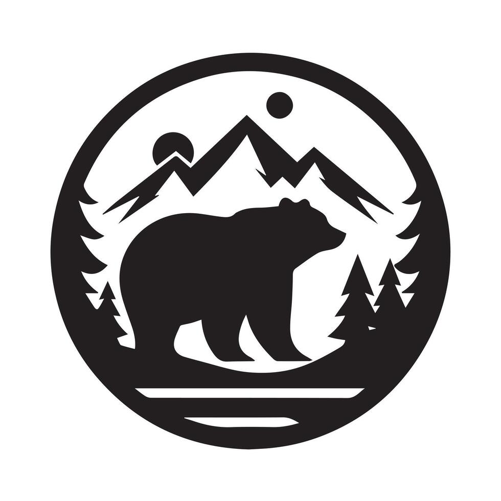 silhouette of a bear standing amidst a mountain range and forest. vector