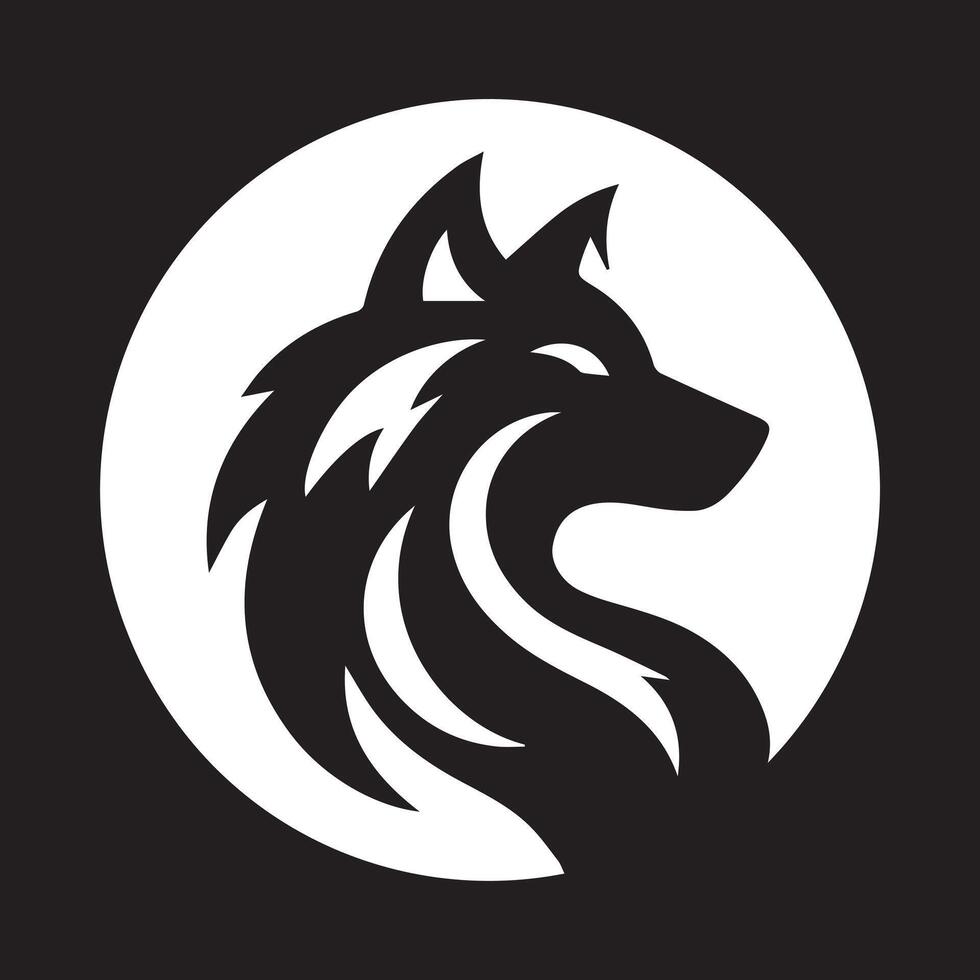 A striking black and white graphic of a wolf's head profile, set against a dark background. vector