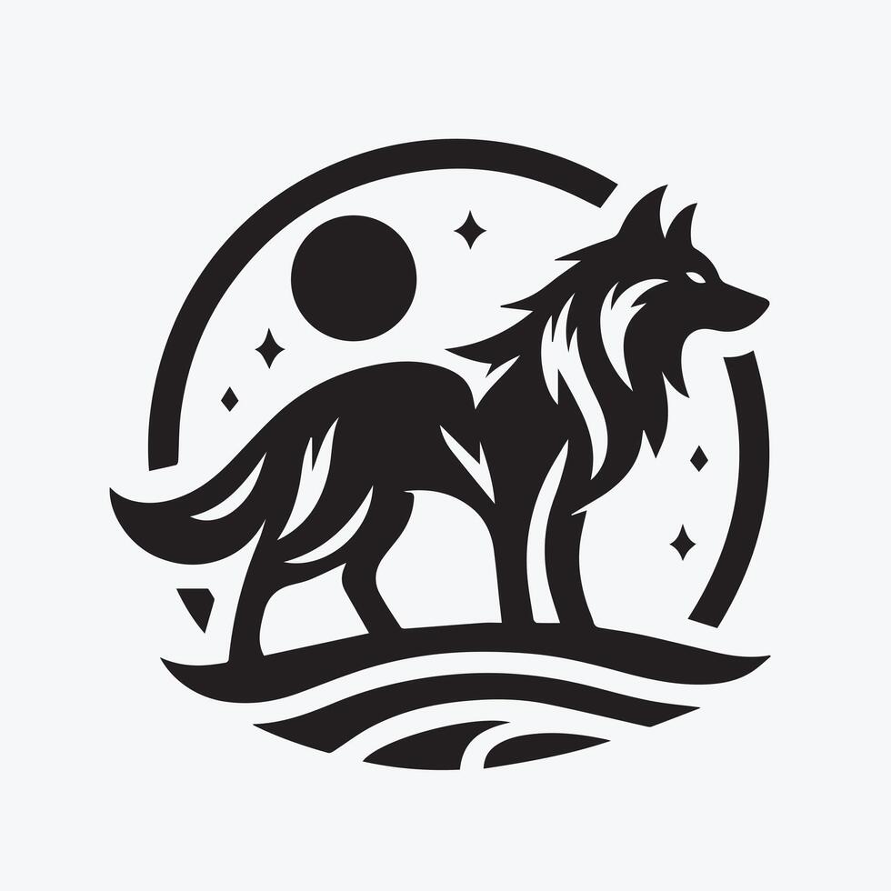 Powerful black and white logo of a wolf head encircled by wheat. vector