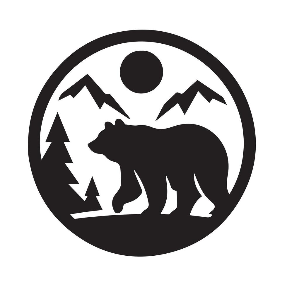 black silhouette of a bear, stylized with detailed fur and standing amidst a mountainous landscape. vector