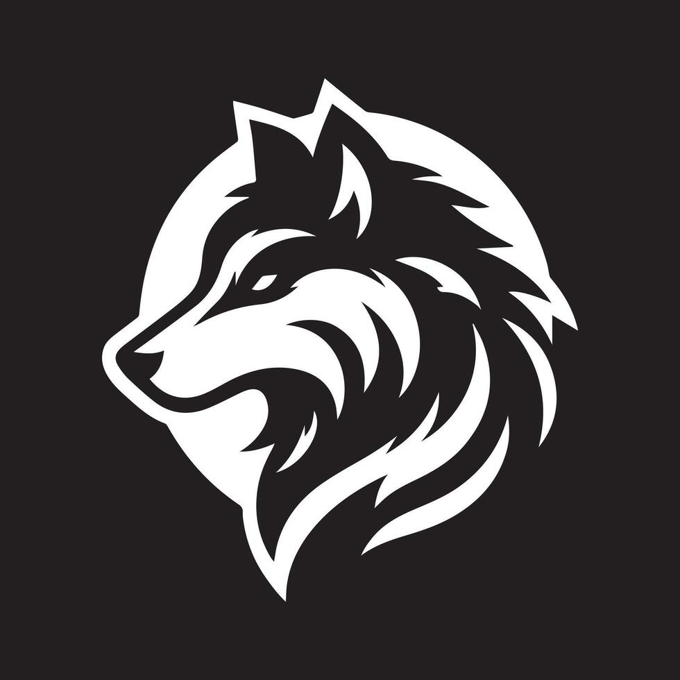 stylized graphic of a wolf's head, presented in a clean, black and white color scheme against a dark navy background. vector