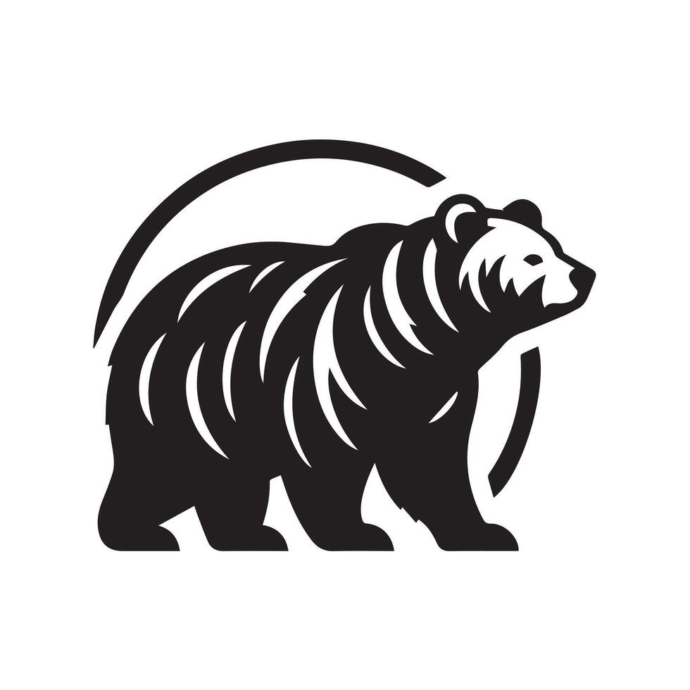 black silhouette of a bear standing on a stylized mountain or hilltop, with a small pine tree in the foreground. vector