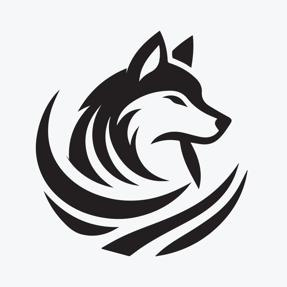 This stylized, black and white graphic displays a wolf's head and mane within a circle. vector