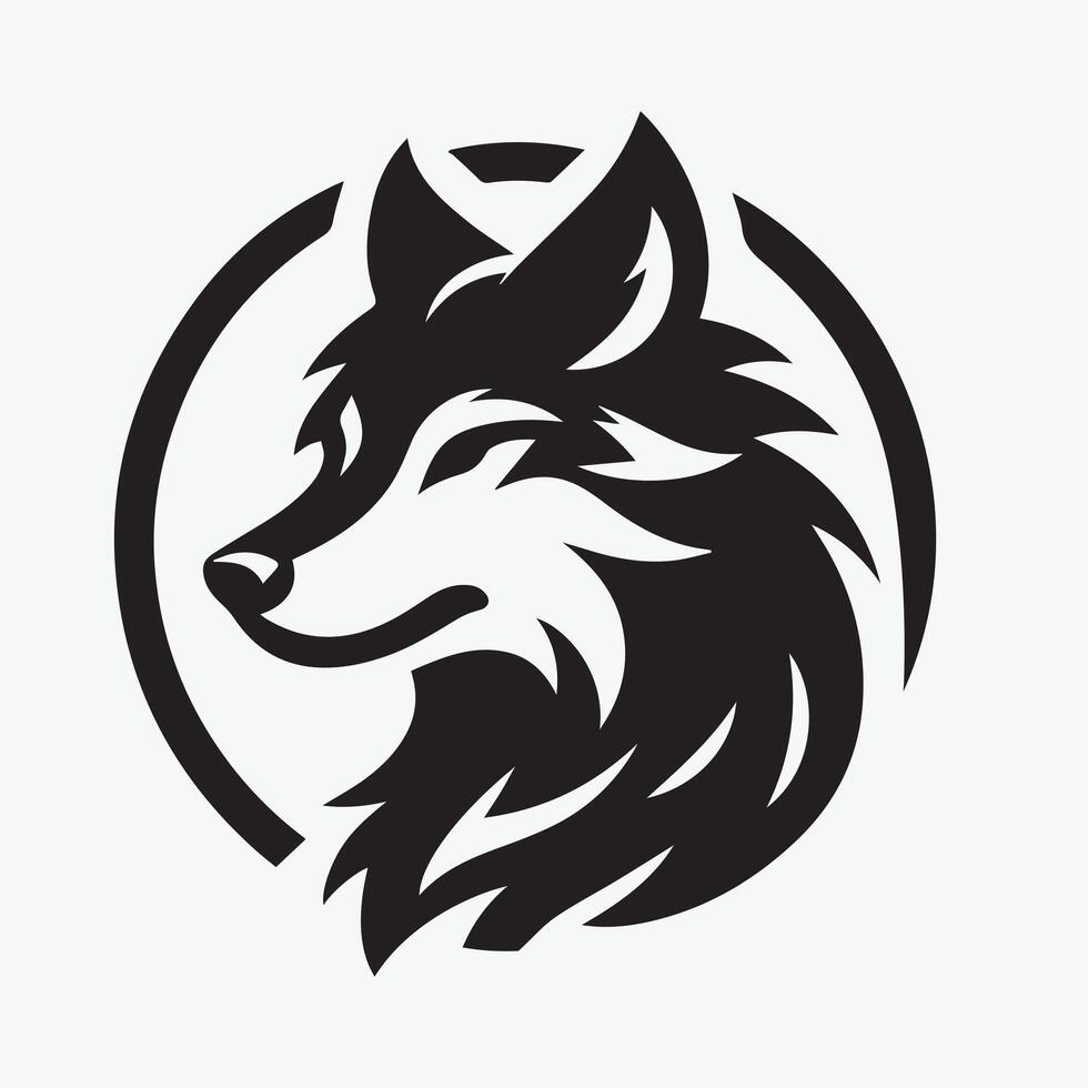 A stylized, black and white logo of wolf's head and flowing mane tail, set within a circular frame. vector