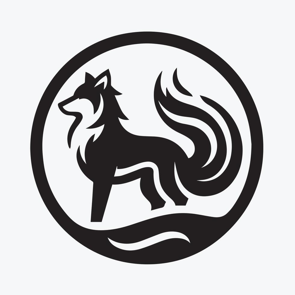 black and white silhouette of a wolf, set against a backdrop of mountains, a crescent moon, and water. vector