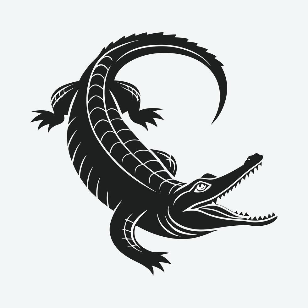 A powerful, stylized silhouette of a crocodile or alligator, depicted in a bold, dark black shape against a plain white background. vector