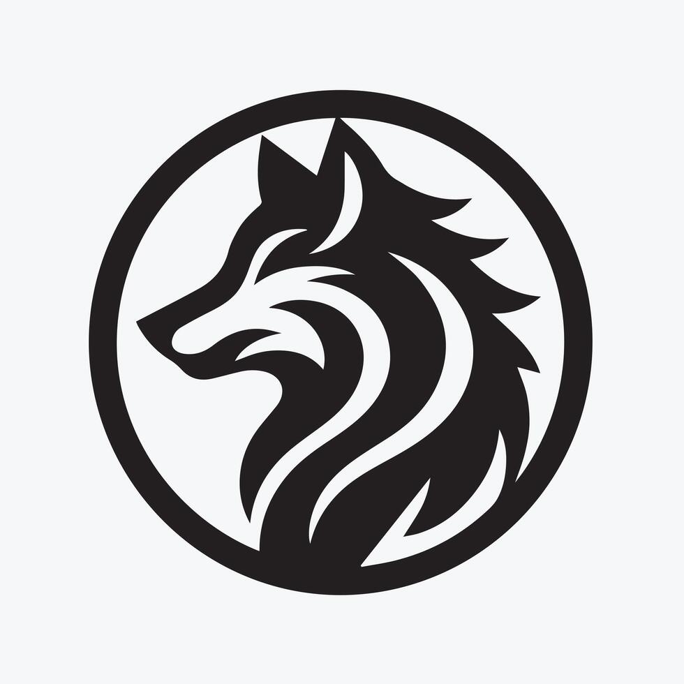 A bold, black-and-white silhouette of a wolf positioned within a circular frame, suggestive of a logo or graphic element. vector