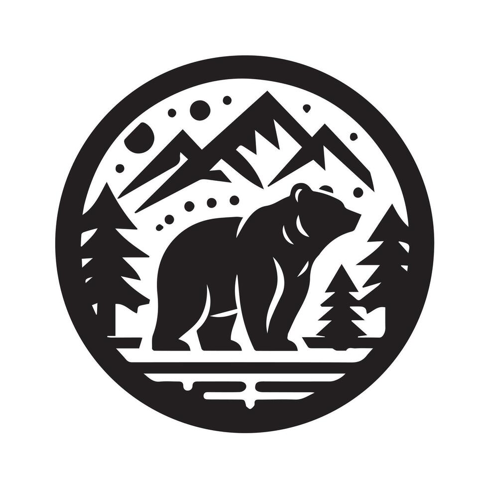 A bold, stylized silhouette of a bear against a circle representing the night sky, complete with a crescent moon and stars. vector