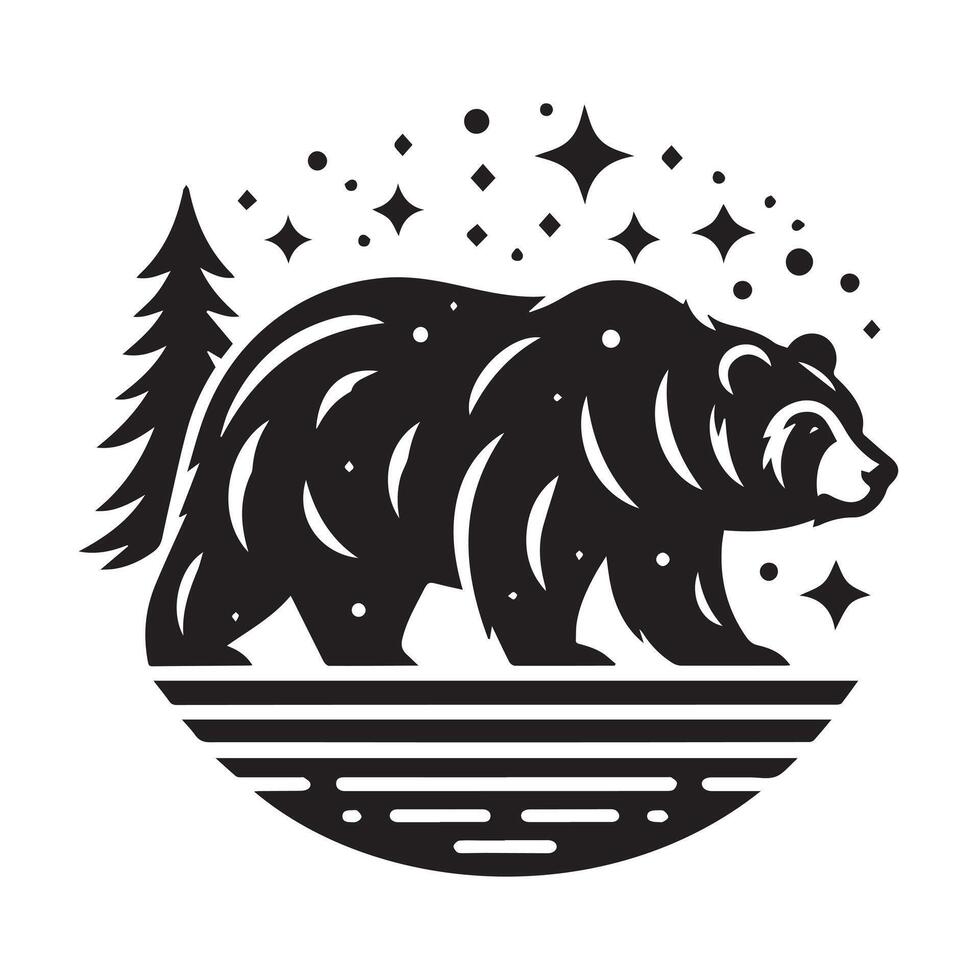 black bear silhouette logo with nature background. vector