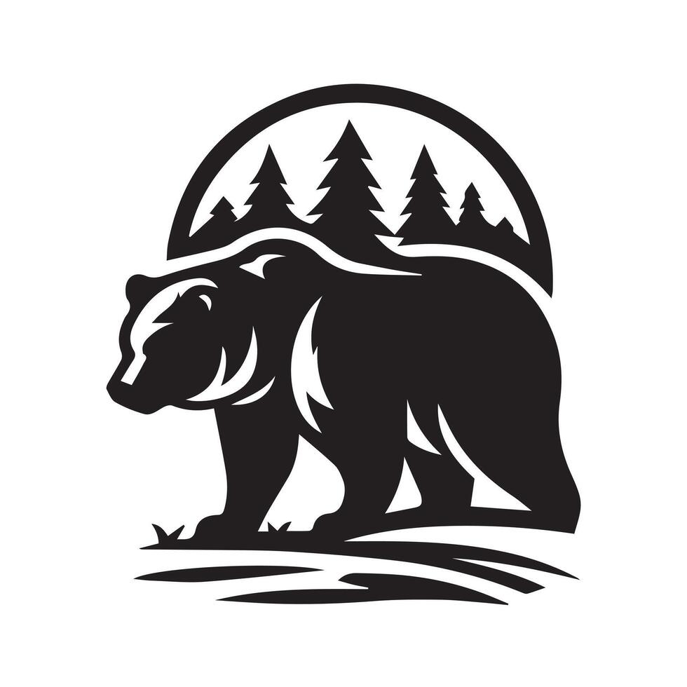 A striking black and white silhouette of a bear standing amidst a serene mountain and forest scene. vector