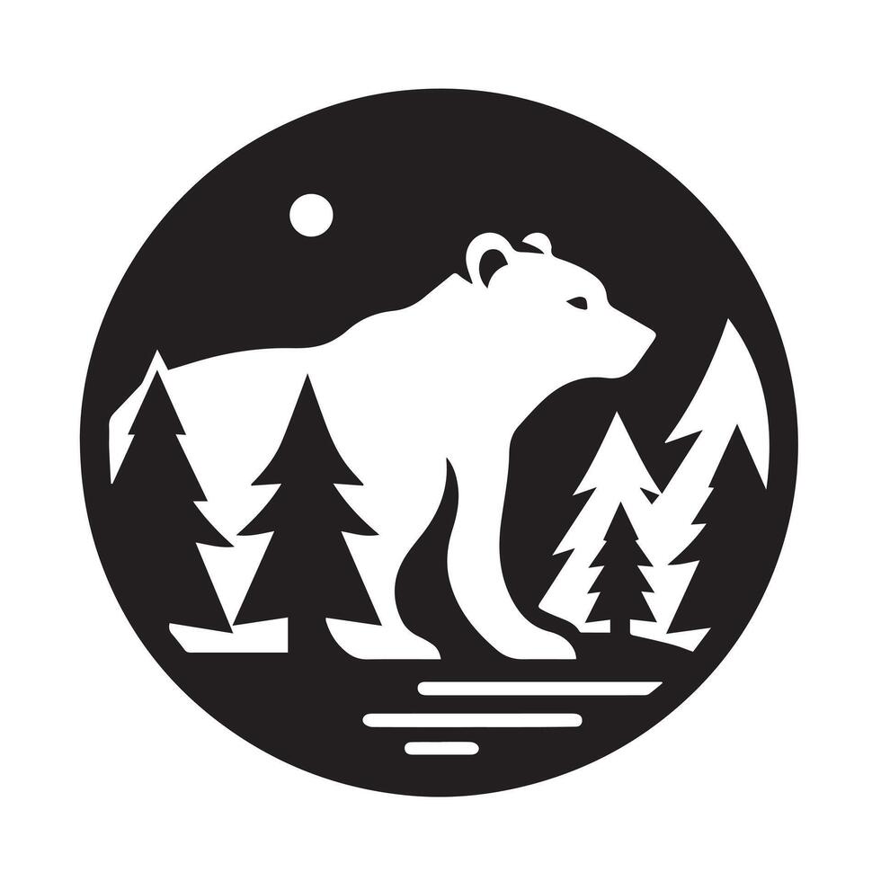 Black and white bear logo in a mountain and forest scene. vector