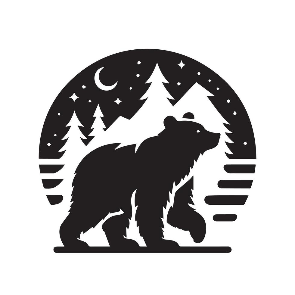 bold black silhouette of a bear walking through a forest scene. vector