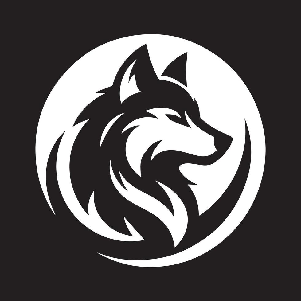A striking black and white silhouette of a wolf's head, set within a circular frame resembling a moon. vector
