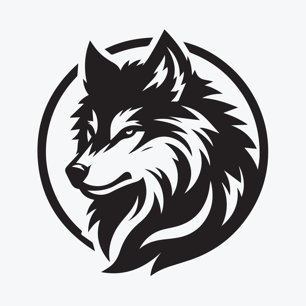 This stylized logo features a black silhouette of a wolf with a tribal or ornate design, set within a circular frame. Powerful Wolf Logo Design in a Circle vector