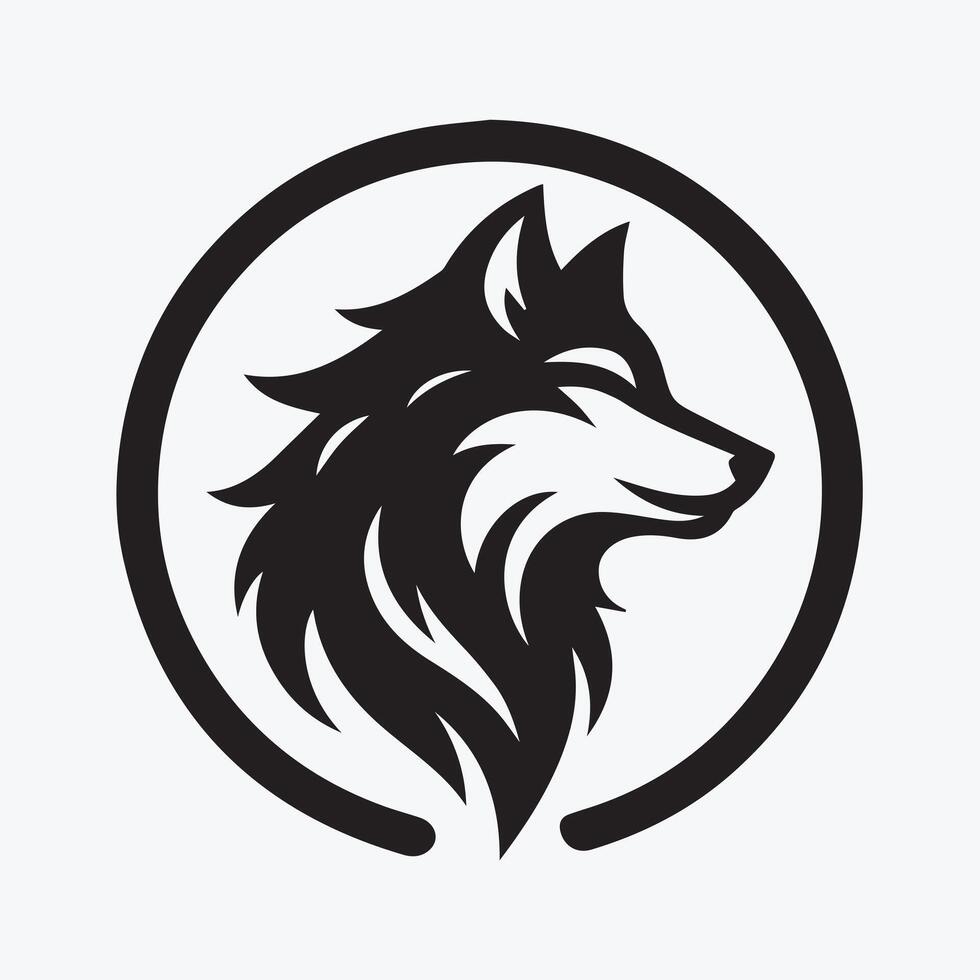 A stylized, black and white silhouette of a wolf, positioned within a circular design reminiscent of tribal art or a stylized landscape. vector