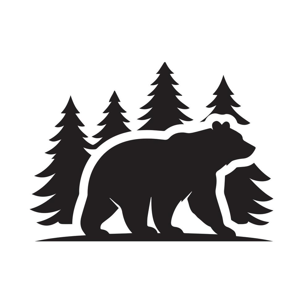 A stylized, black and white silhouette of a polar bear standing on a crest of ocean waves within a circular frame. vector