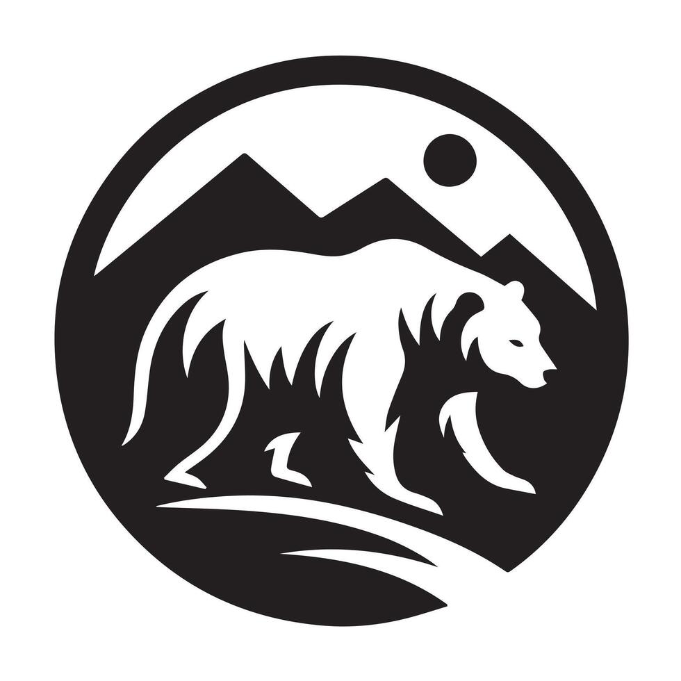 Silhouette of a bear in a serene mountain landscape at night. vector