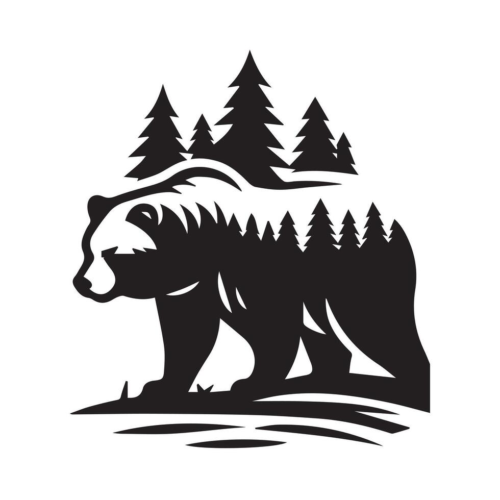 Bold line art of a bear in a serene, stylized landscape. vector