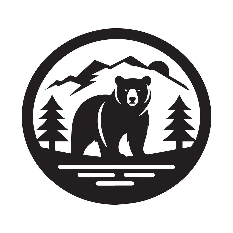 black and white graphic of a bear standing amidst a tranquil forest scene, suggesting a logo or emblem for a nature-focused brand. vector