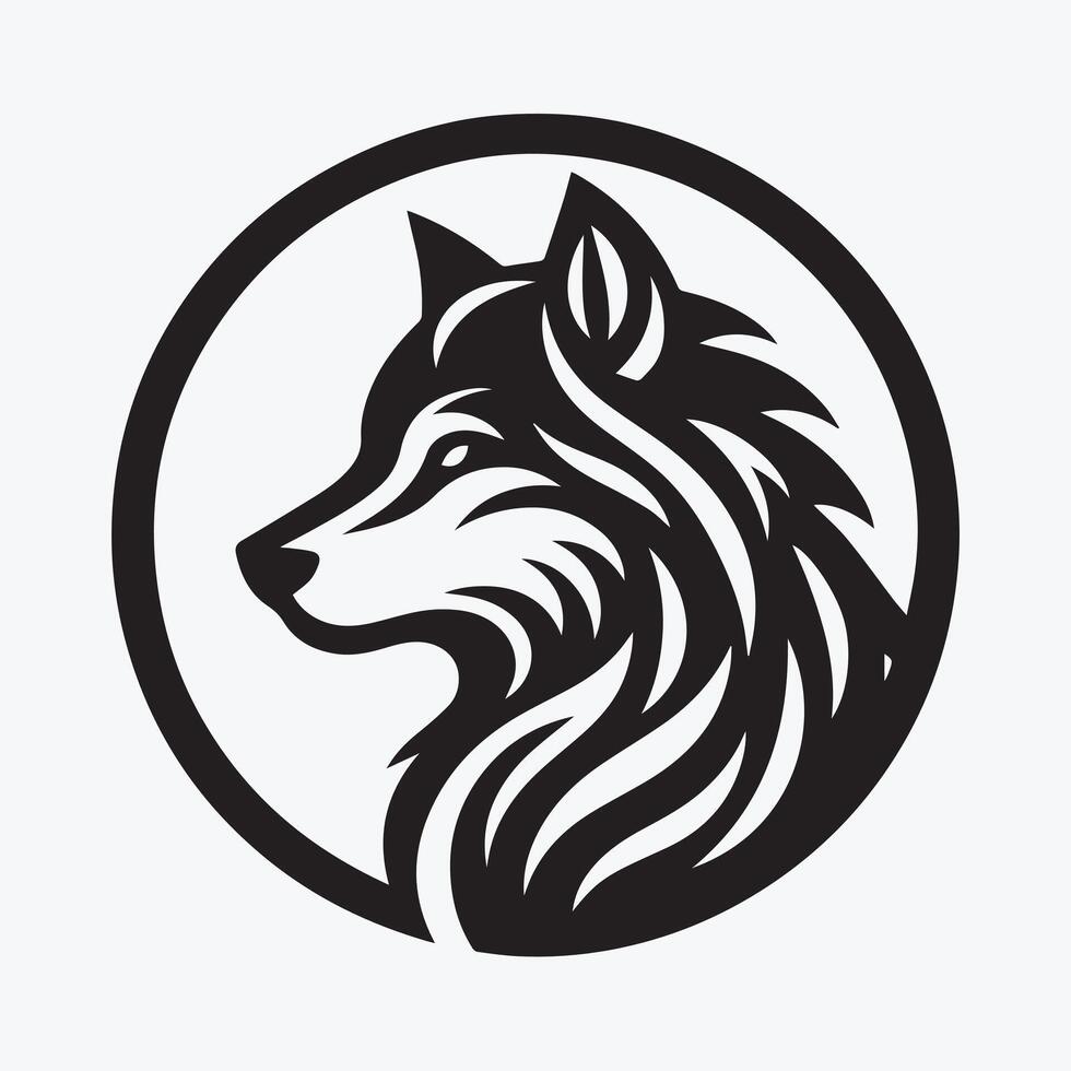 Bold black and white silhouette of a wolf's head, set within a circular frame. vector