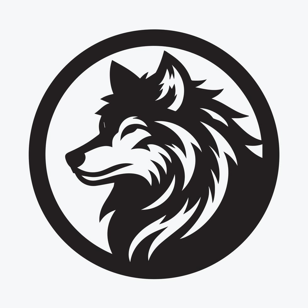 Striking black and white logo of a wolf against a mountain and moon backdrop. vector