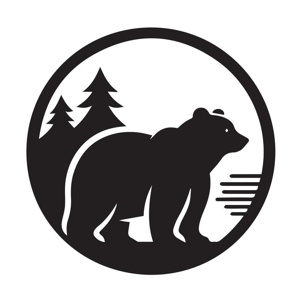 Bold black bear logo with mountain and forest scenery. vector