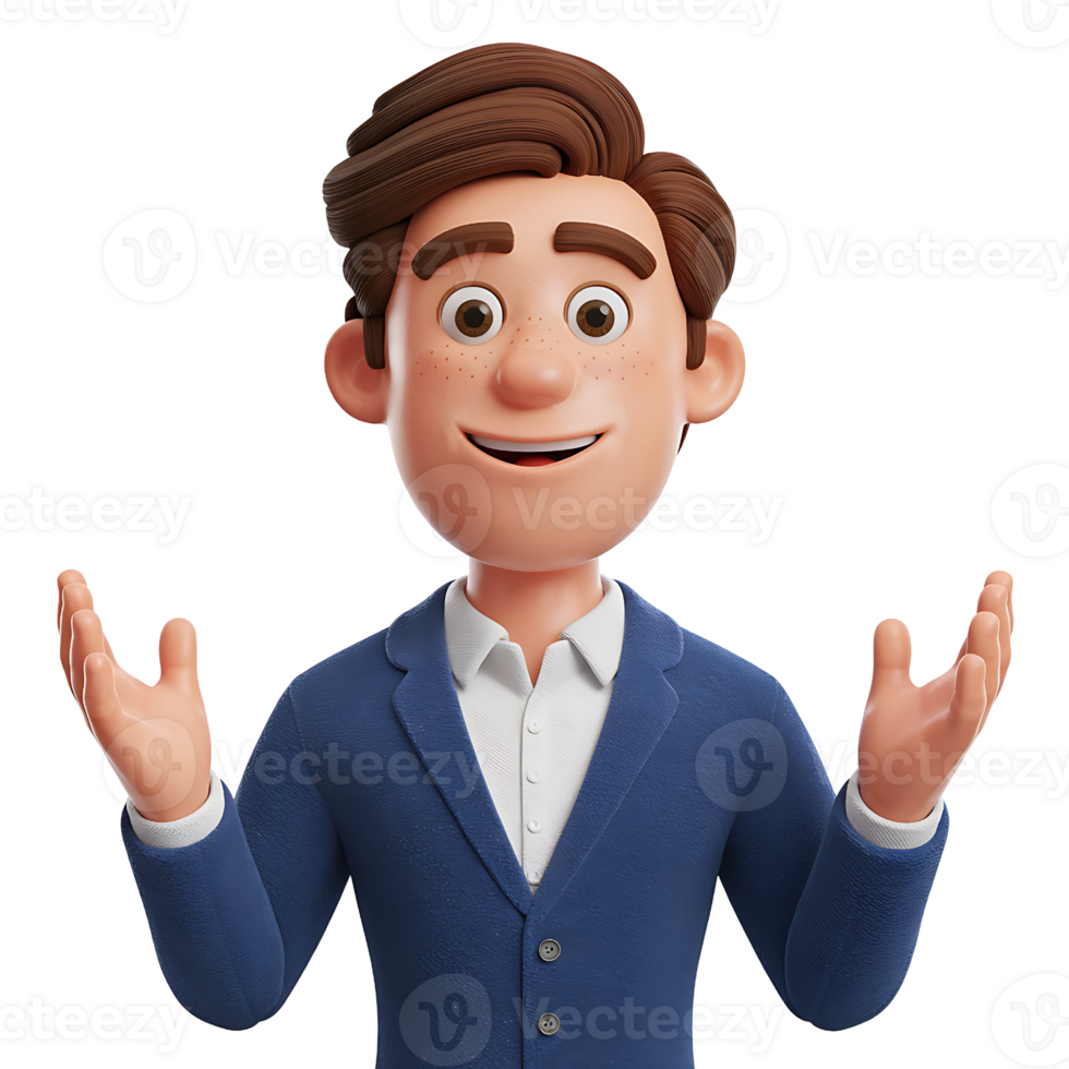 3D Cartoon Businessman Welcoming and Approachable isolated on transparent background png
