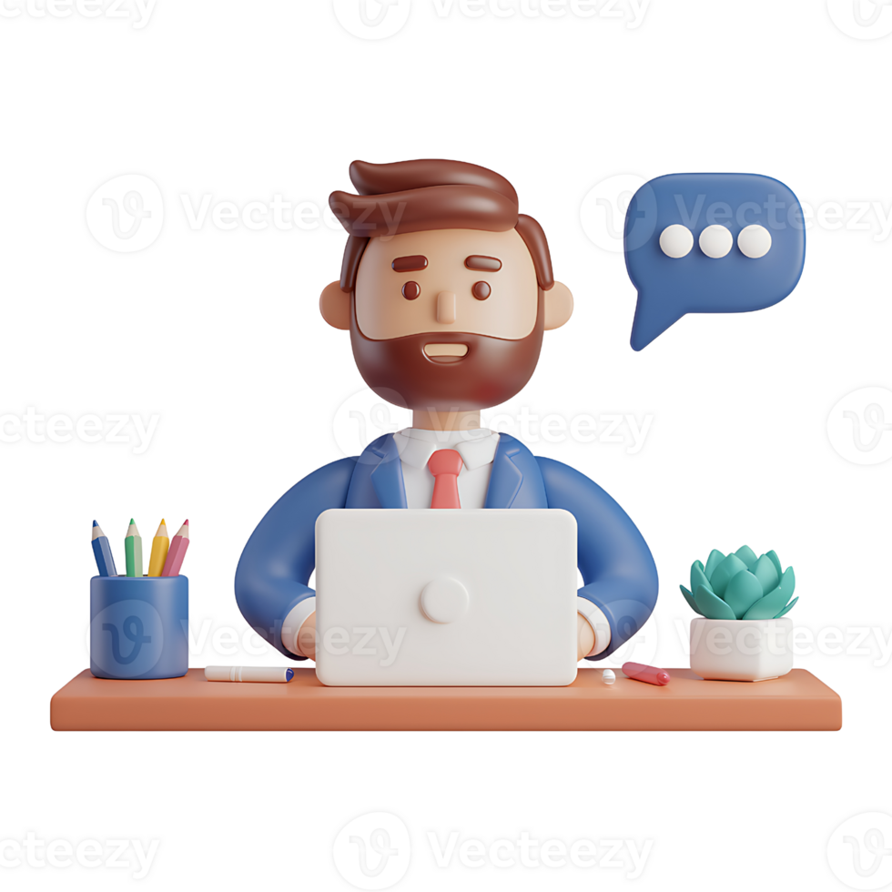 3D Render of a Businessman Working on Laptop isolated on transparent background png