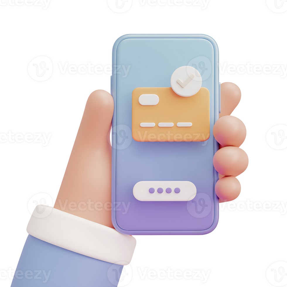 3D Render of a Hand Holding a Smartphone Displaying a Secure Online Payment Interface isolated on transparent background png