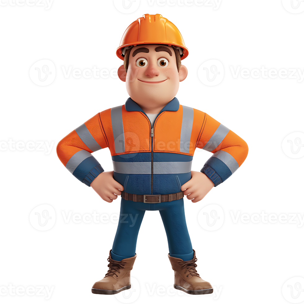 3D render Smiling Cartoon Construction Worker isolated on transparent background png