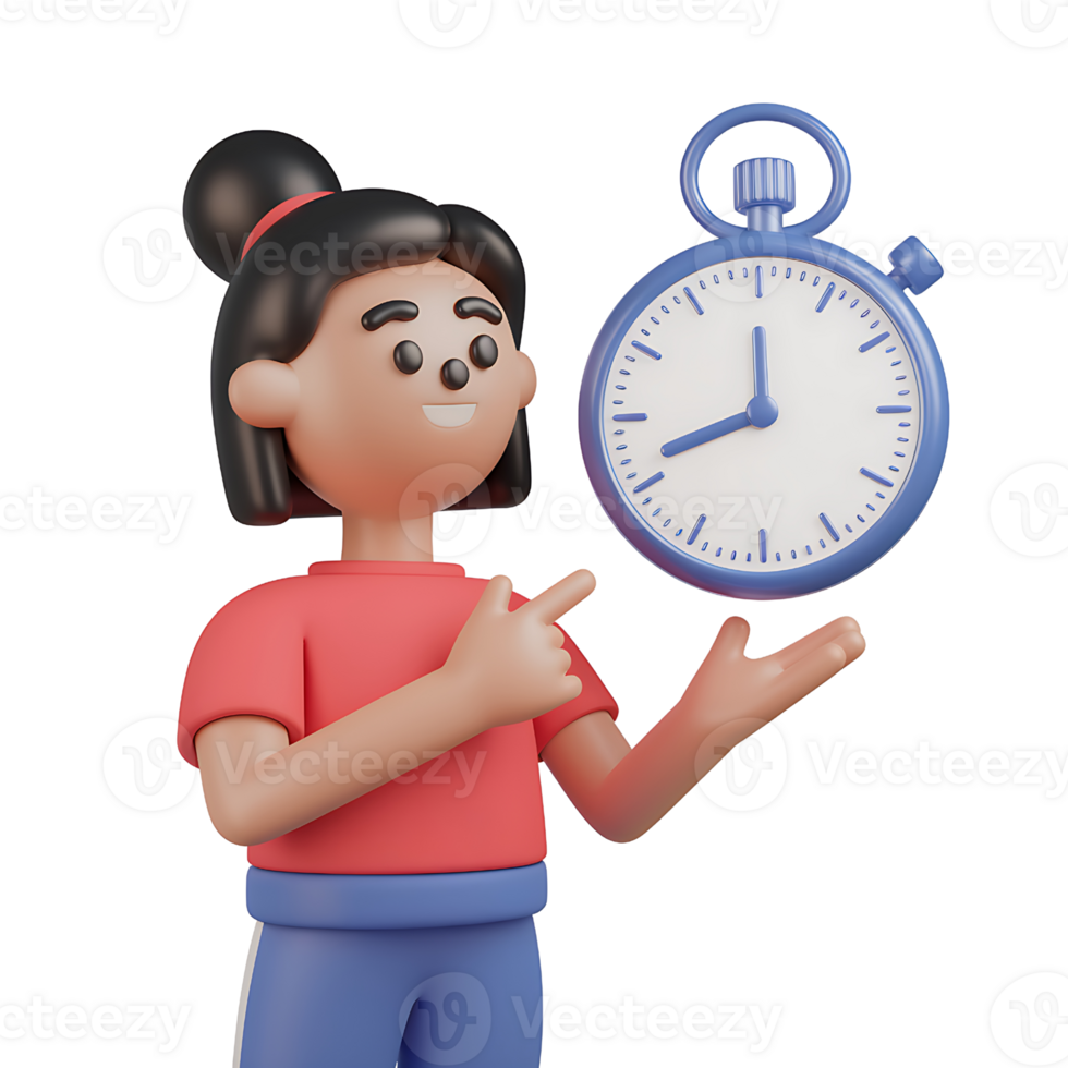 3D Render of Girl Presenting a Stopwatch isolated on transparent background png