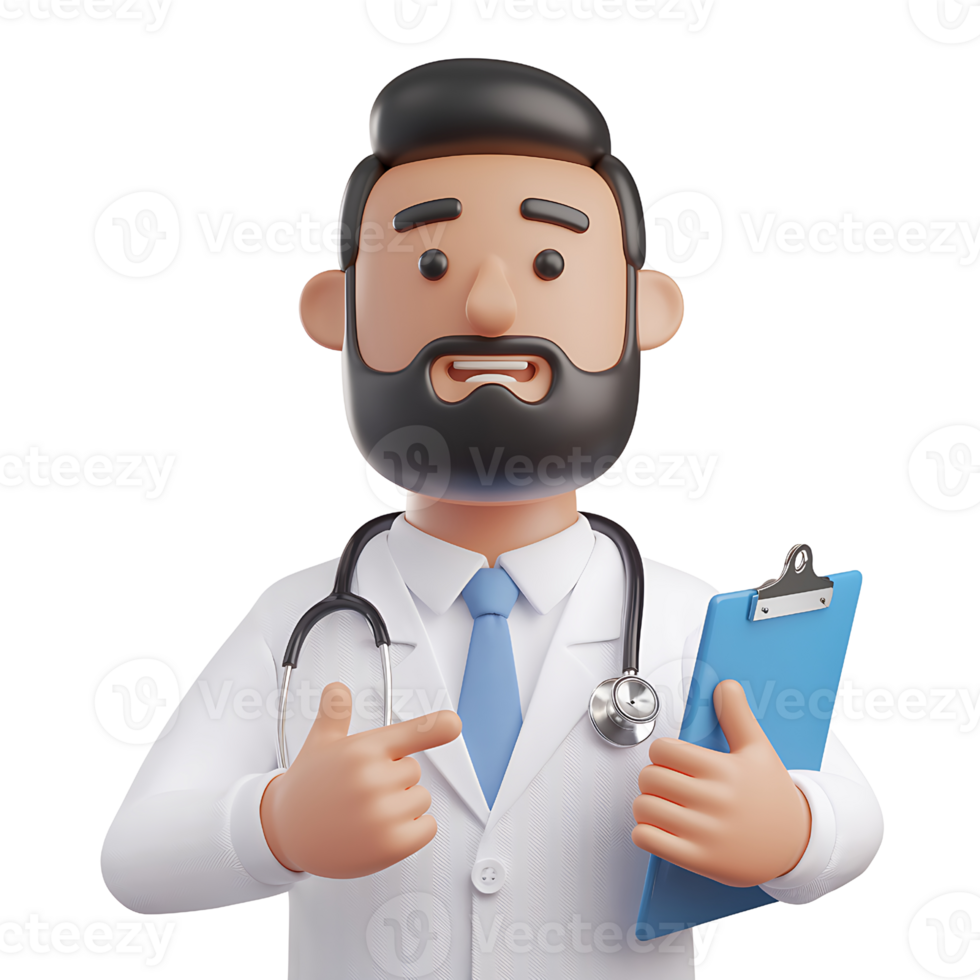 3D Cartoon Doctor with Clipboard and Stethoscope isolated on transparent background png