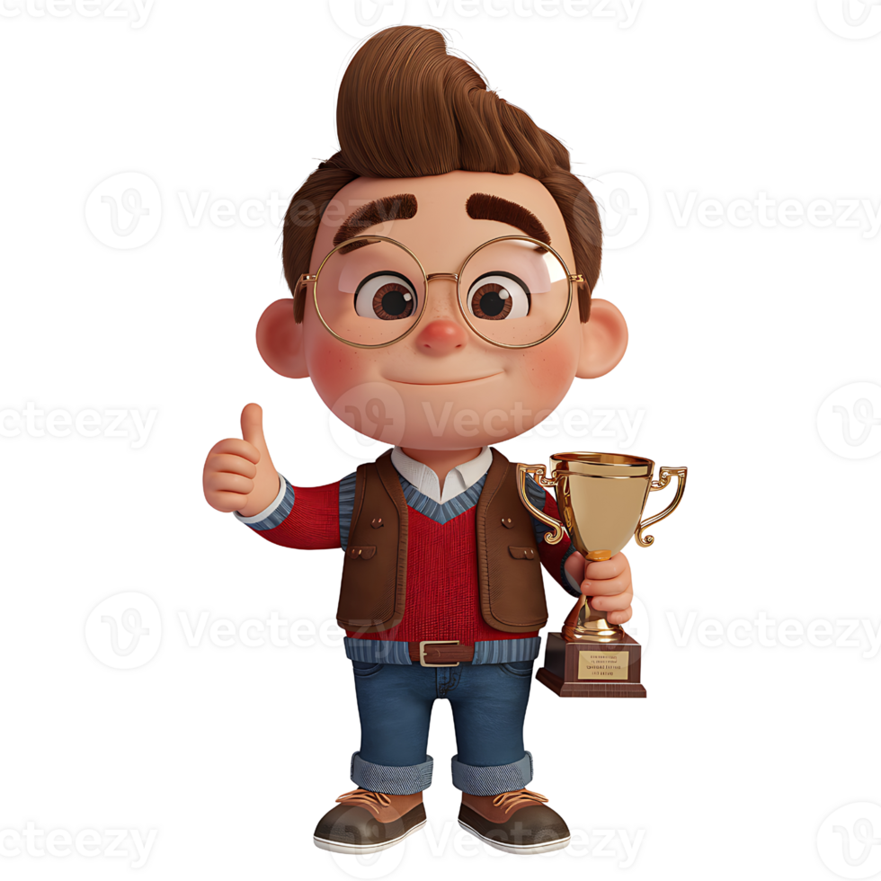 3D Render of a Happy Boy Holding a Trophy isolated on transparent background png
