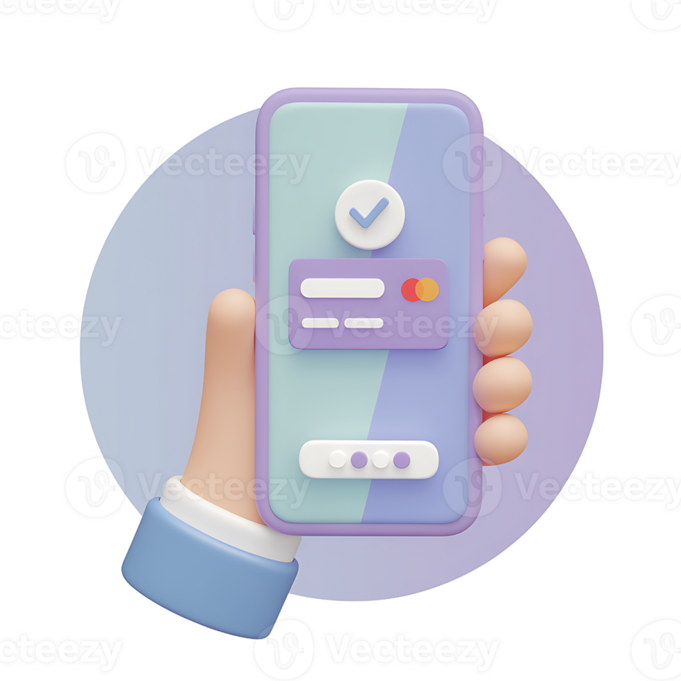 3D Render of Hand Holding Smartphone Displaying Credit Card Information isolated on transparent background png