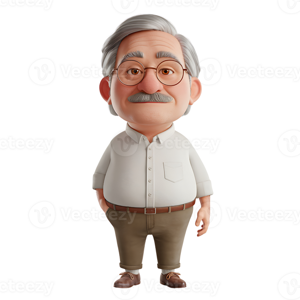 Charming 3D Cartoon Grandpa Illustration isolated on transparent background png