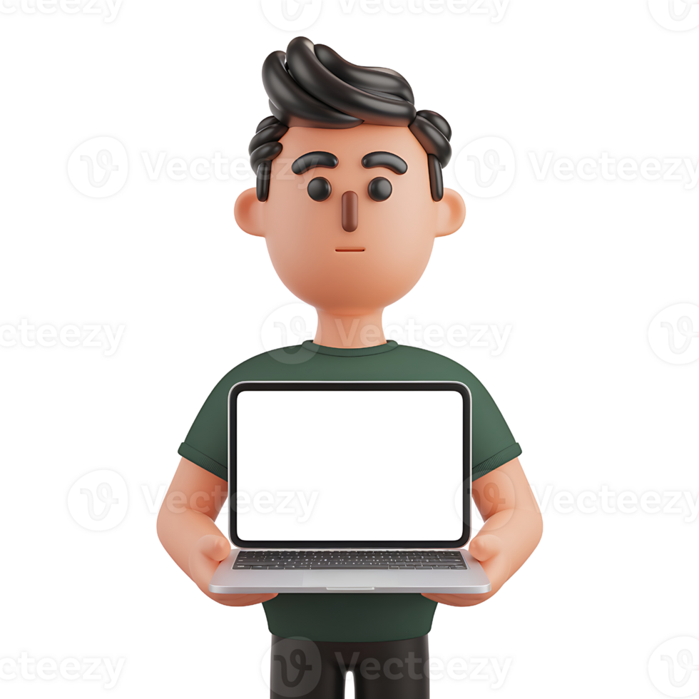 3D Cartoon Man Presenting Laptop Mockup isolated on transparent background png