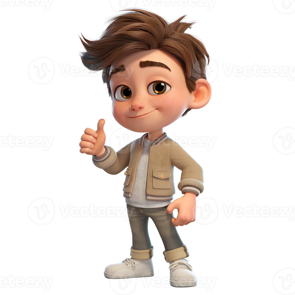 Adorable 3D Cartoon Boy Giving Thumbs Up isolated on transparent background png
