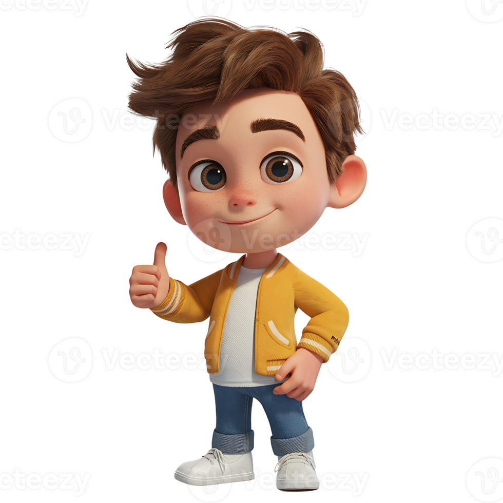 Adorable 3D Rendered Boy Giving Thumbs Up isolated on transparent background png