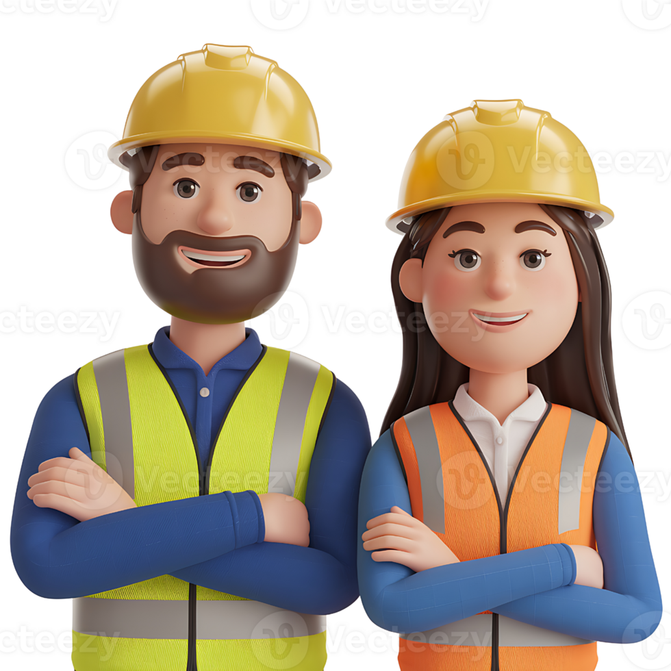 3D Render of a Man and Woman in Hard Hats and Safety Vests isolated on transparent background png