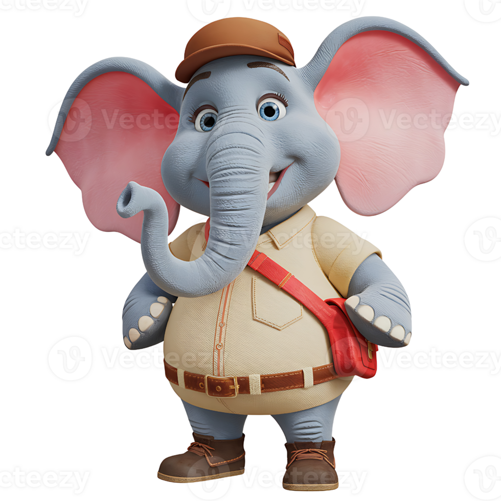 Adorable 3D Cartoon Elephant in Safari Outfit isolated on transparent background png