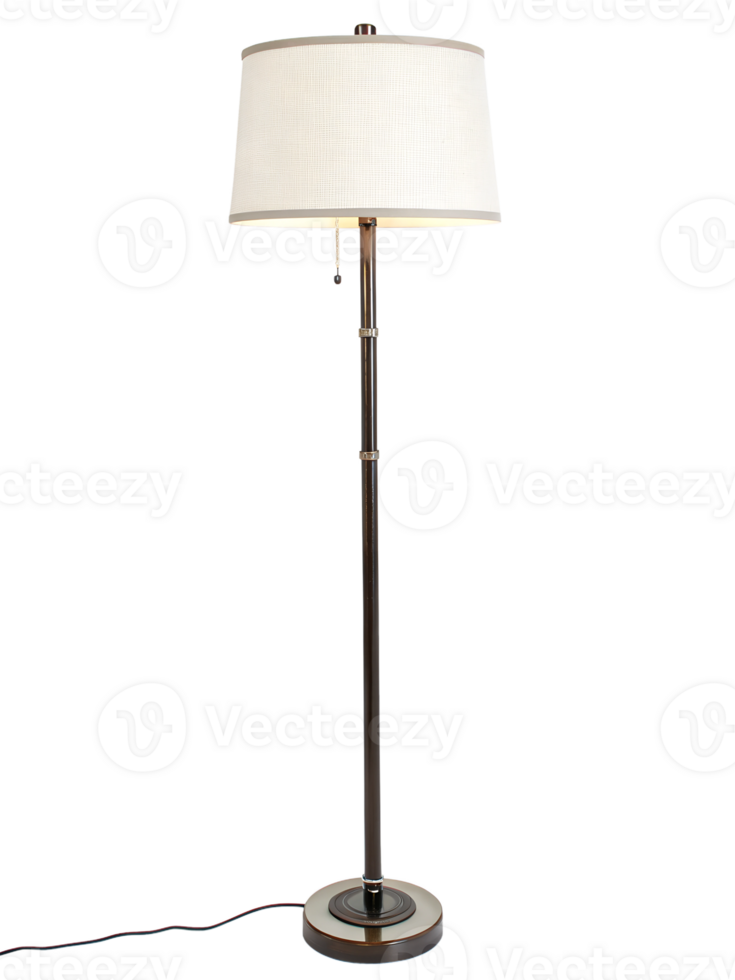 A tall floor lamp with a modern design, featuring a white fabric lampshade and a sleek metal stand png