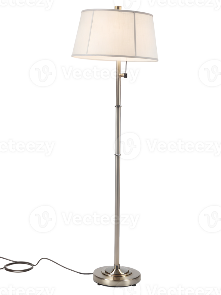 A tall floor lamp with a modern design, featuring a white fabric lampshade and Shiny metal base png