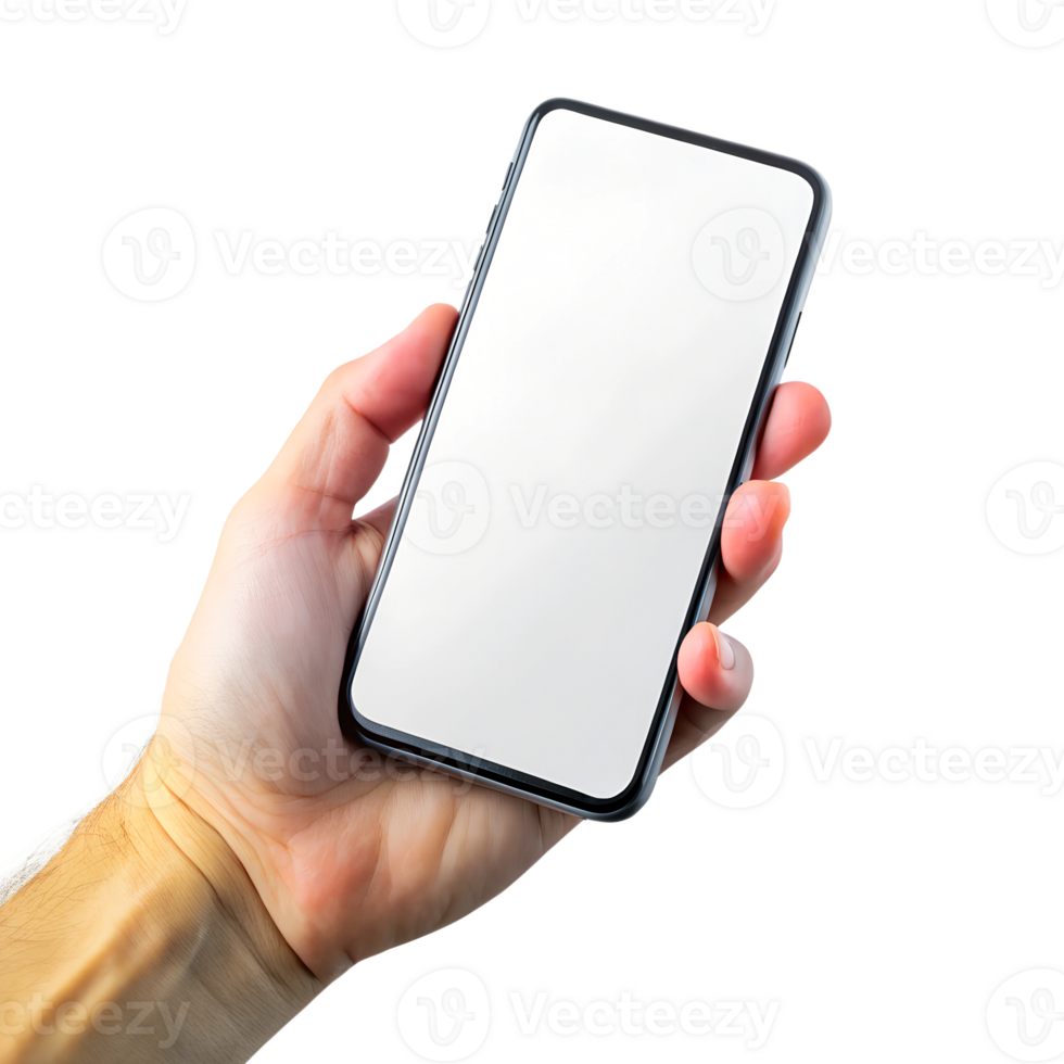Hand holding mobile phone screen mock up, showing smartphone mockup, scrolling display, isolated on transparent background png