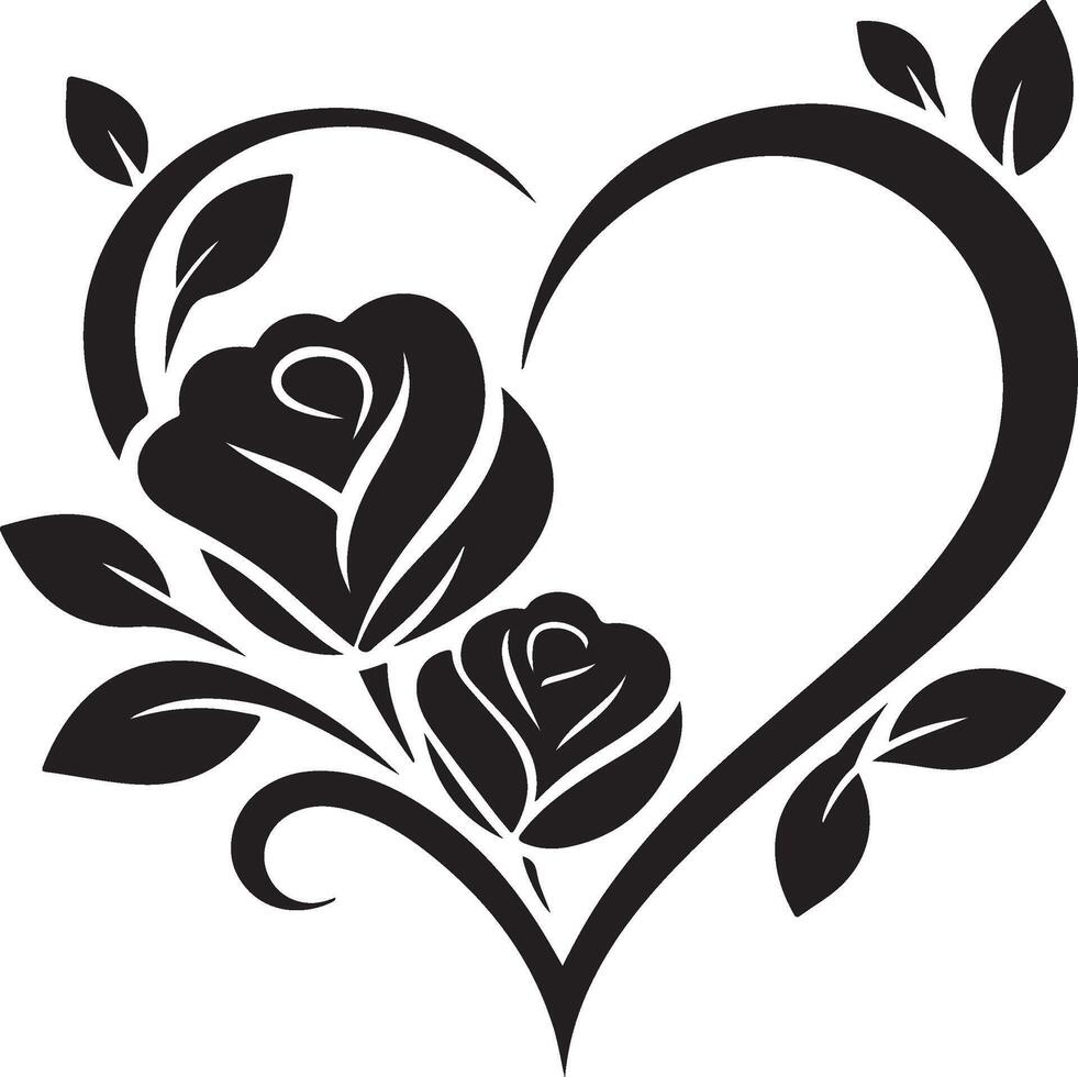 a black and white heart with roses in it vector