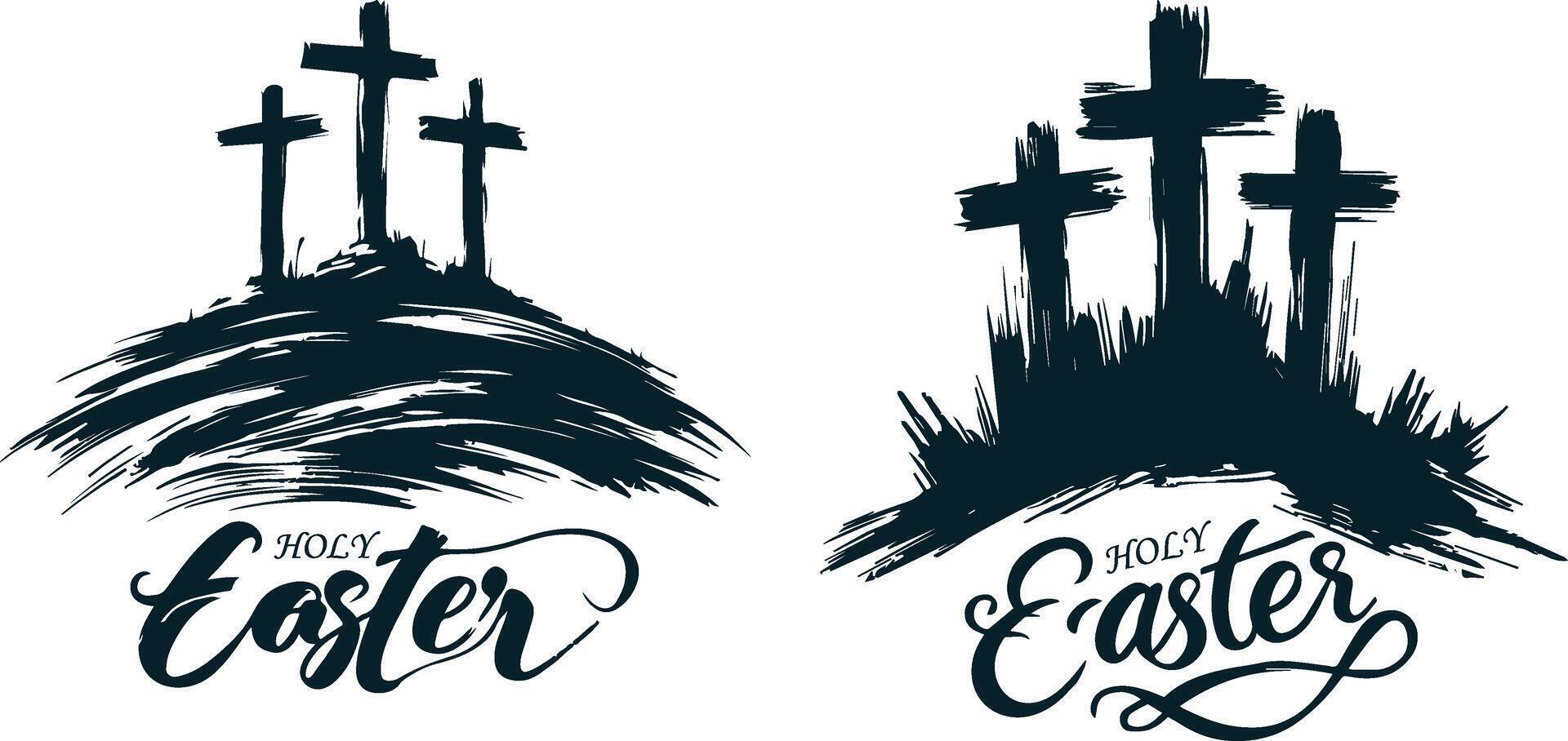 easter cross illustration set with cross and hill vector