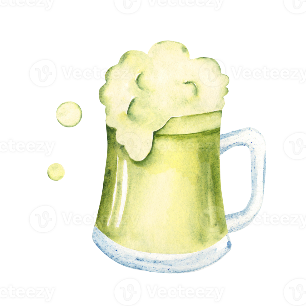 Ale mug, glass with foam. Pint of Irish green Beer. Hand drawn Watercolor illustration traditional St. Patrick's Day Drink. For holiday greeting cards, pub menu. png
