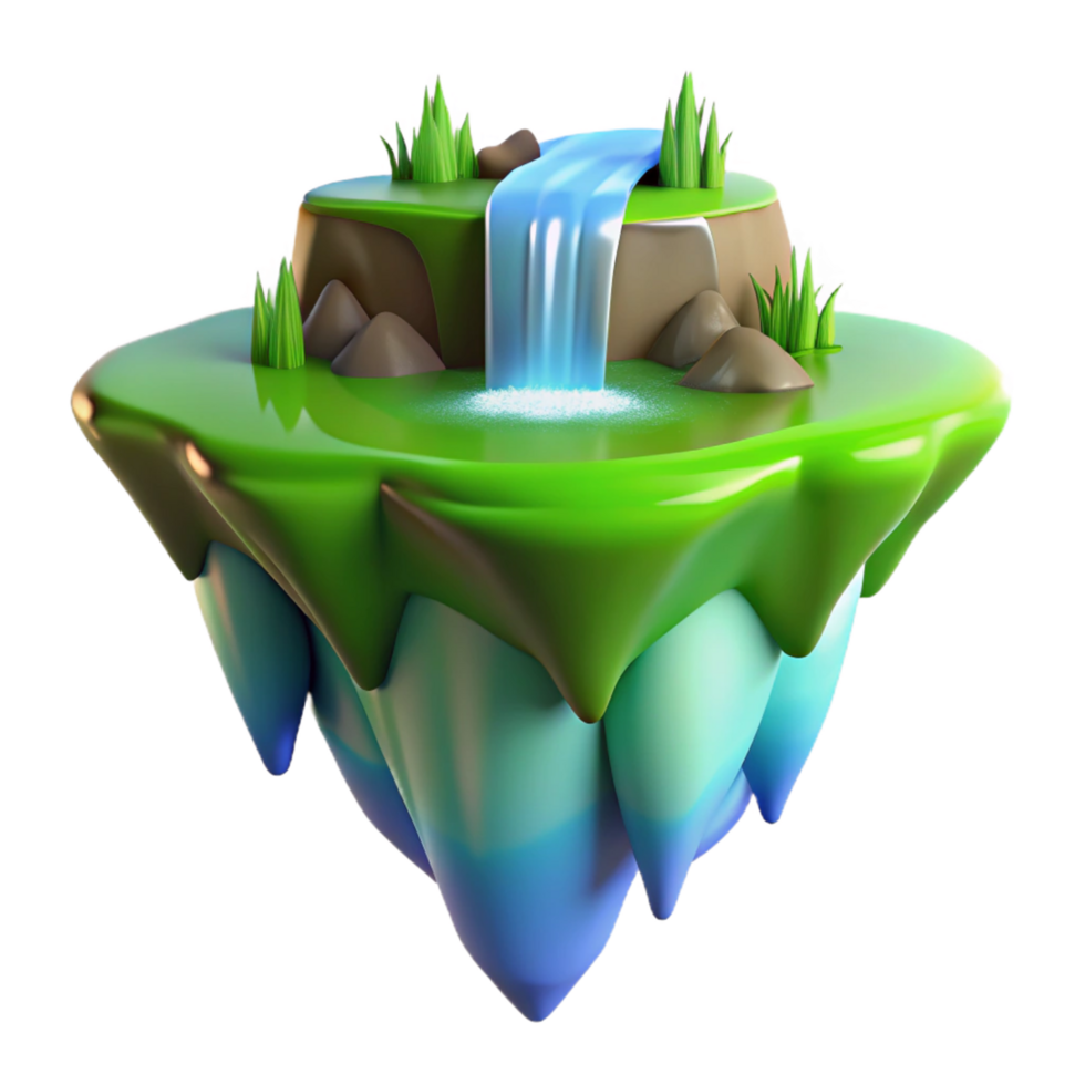 stunning minimalist Floating Island Waterfall Scene in a Majestic Three Dimensional Render of Nature high resolution png