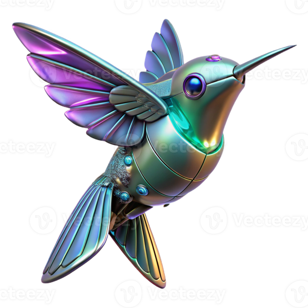 vibrant minimalist Metallic Hummingbird Robot Art in a Futuristic Three Dimensional Scene of Design professional png